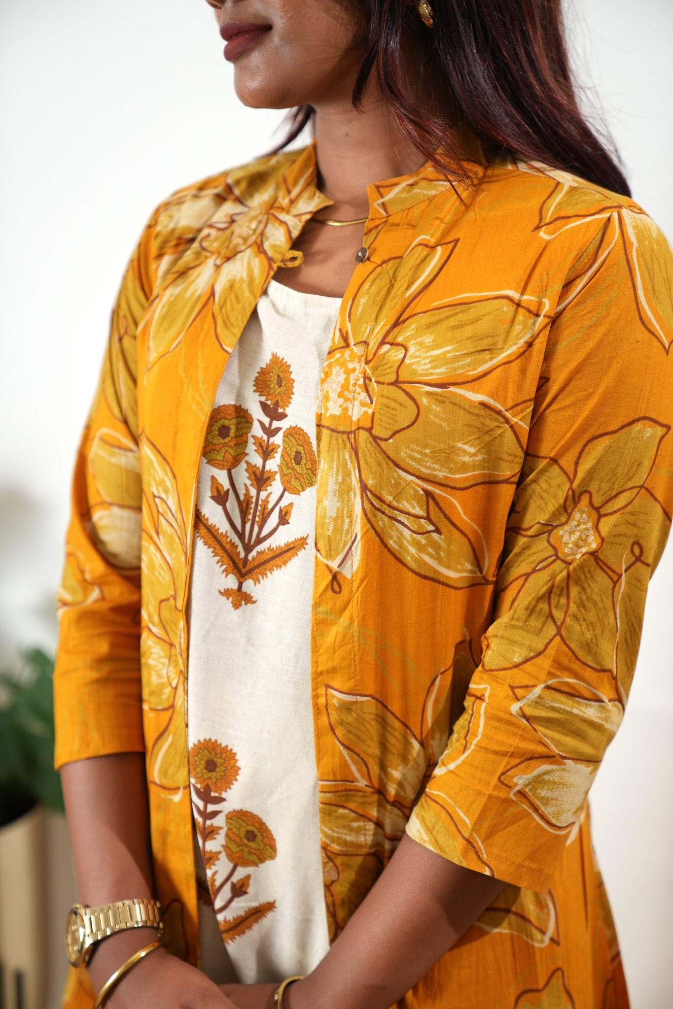 Mustard floral overcoat cotton co-ords set