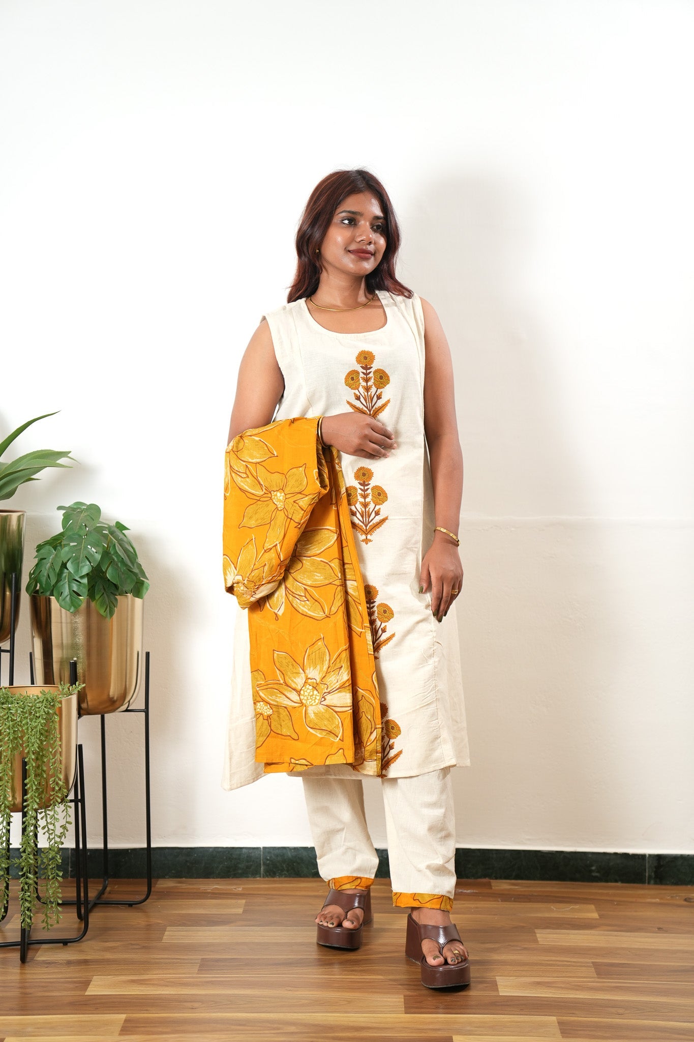 Mustard floral overcoat cotton co-ords set