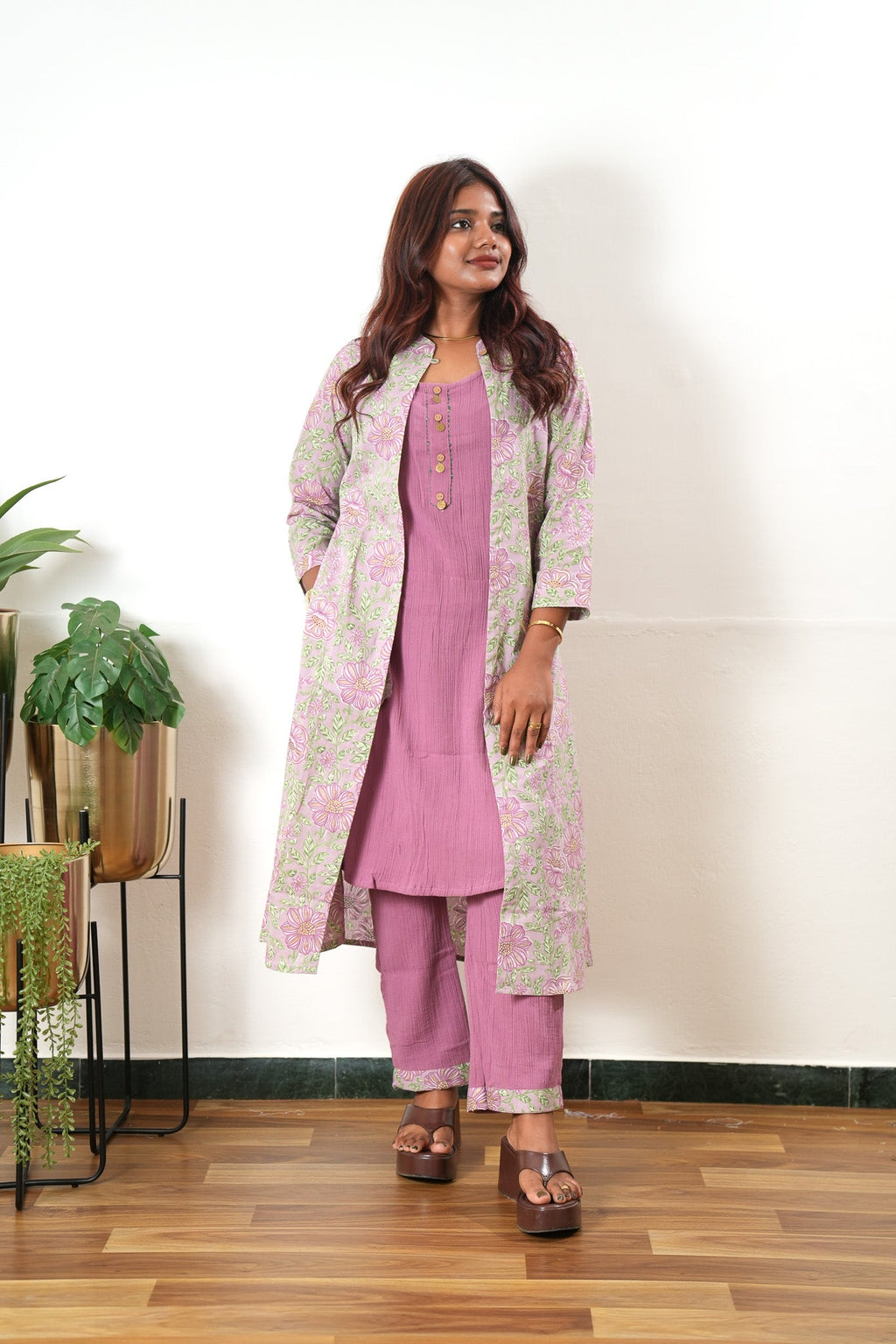 Pink floral overcoat cotton co-ords set