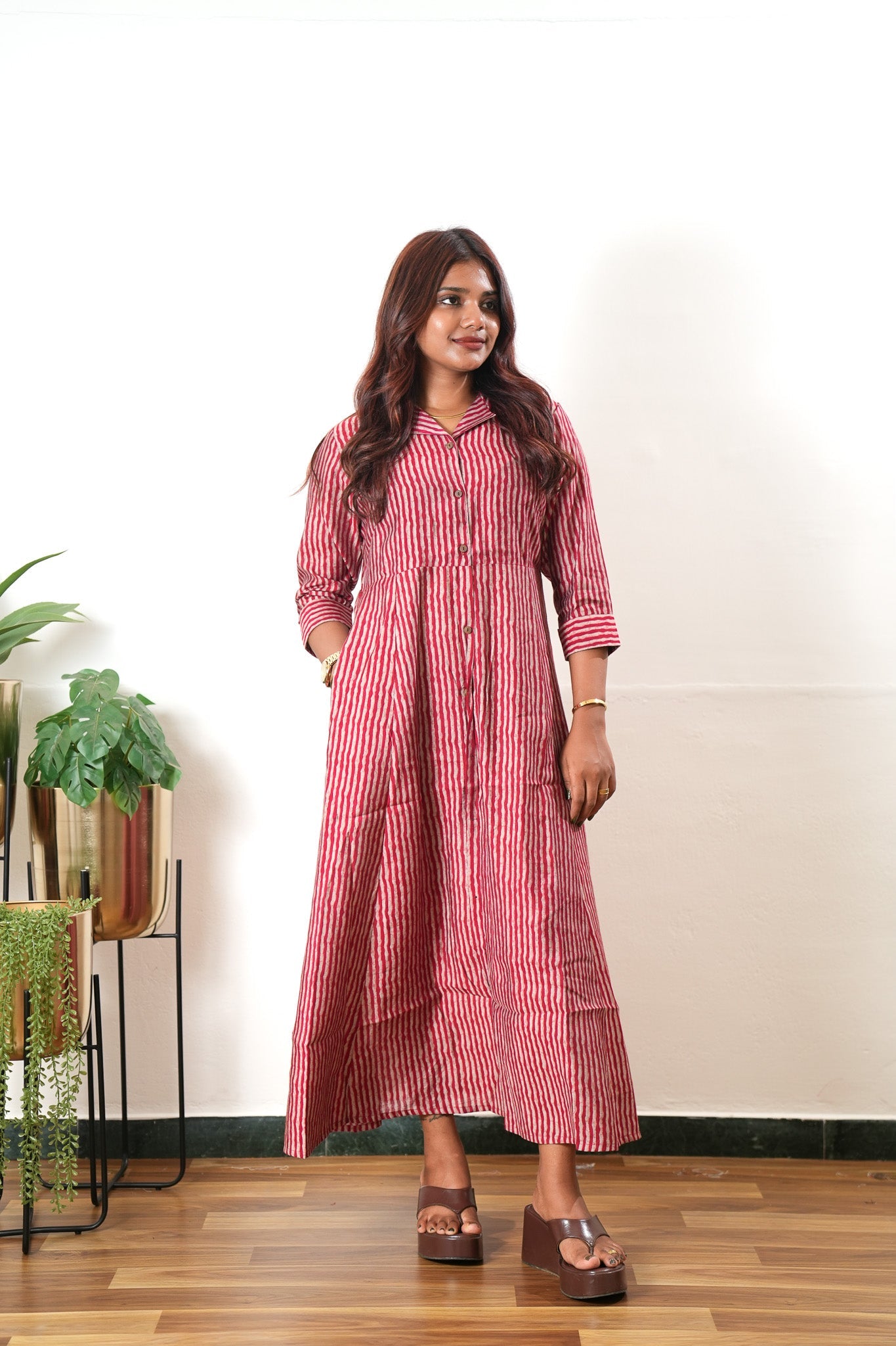 Red stripes muslin button down shirt dress