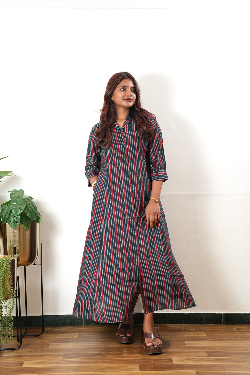 Red and blue muslin button down shirt dress
