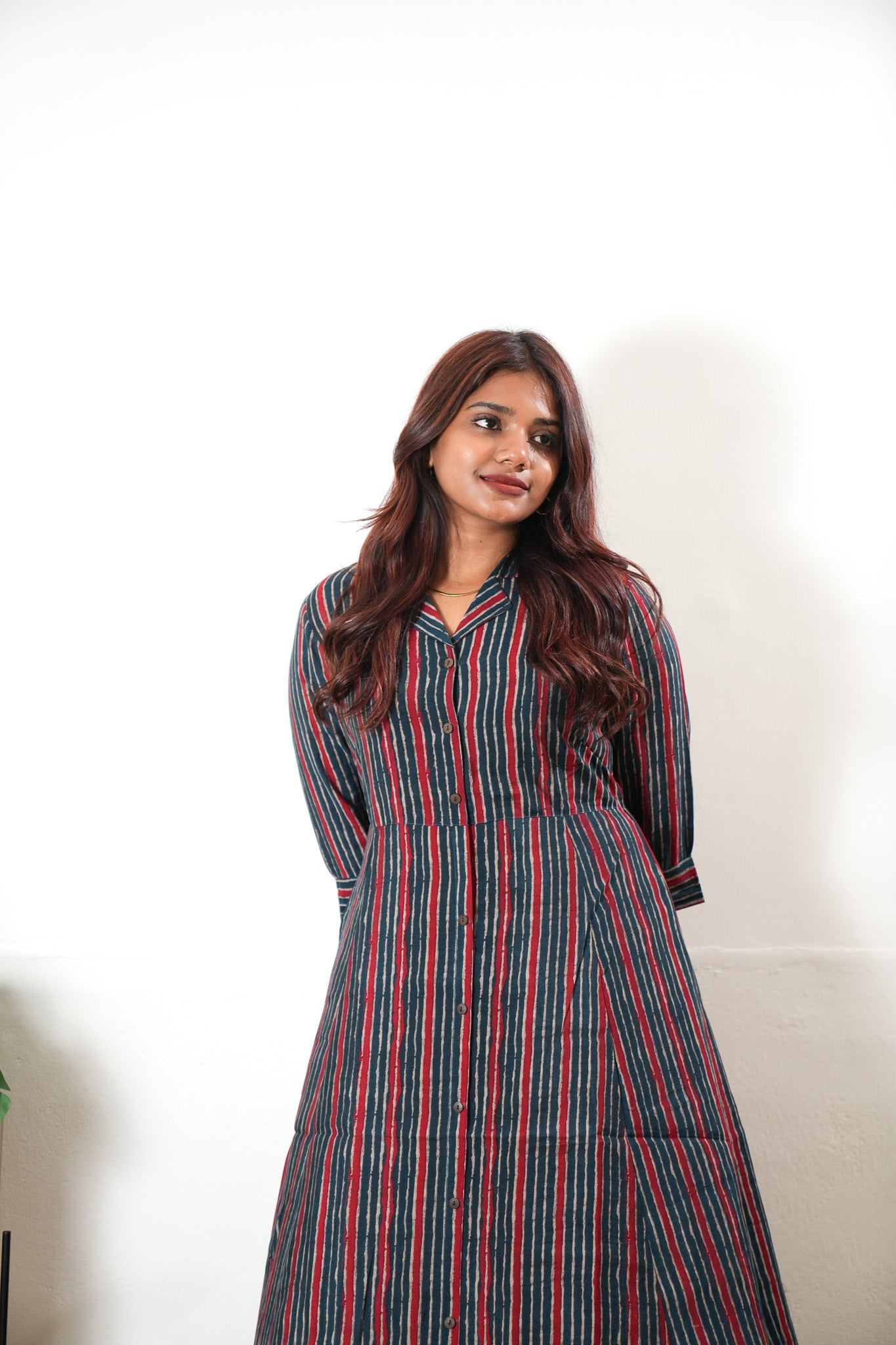 Red and blue muslin button down shirt dress