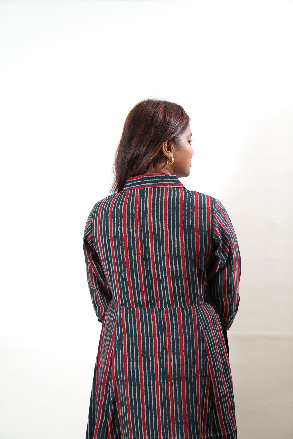 Red and blue muslin button down shirt dress
