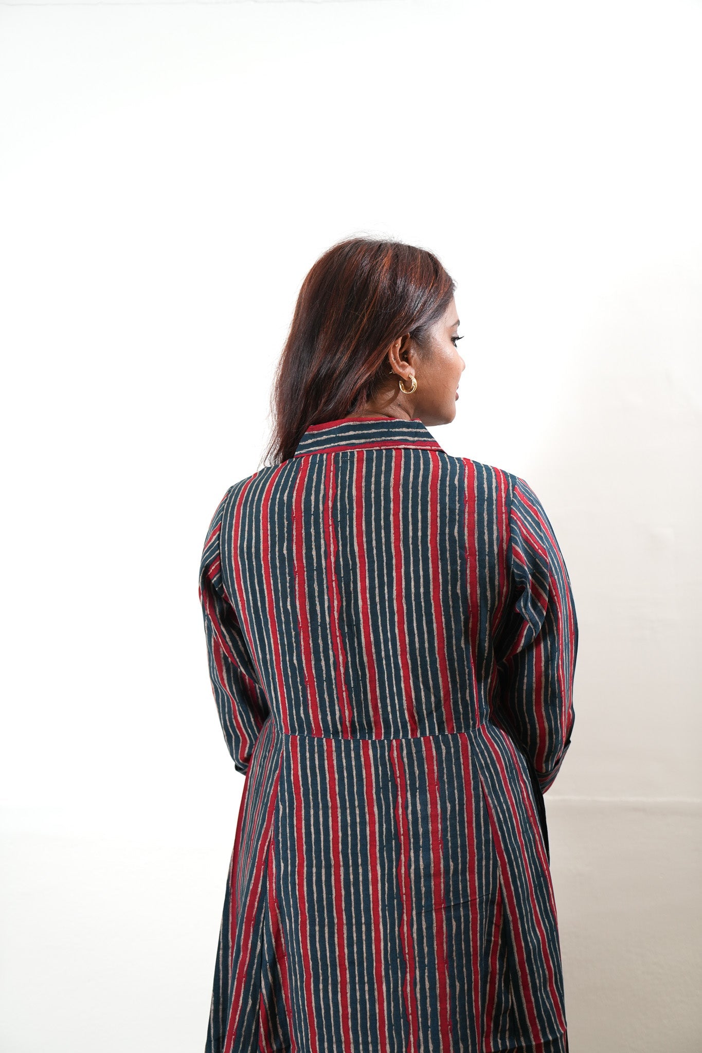 Red and blue muslin button down shirt dress