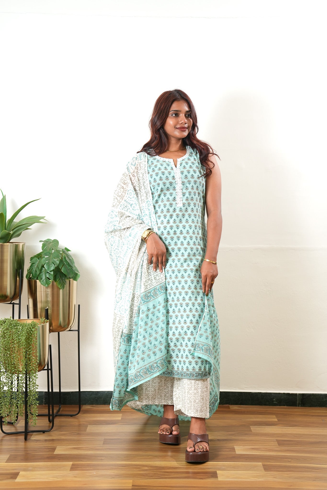 Powder blue butta cotton suit set