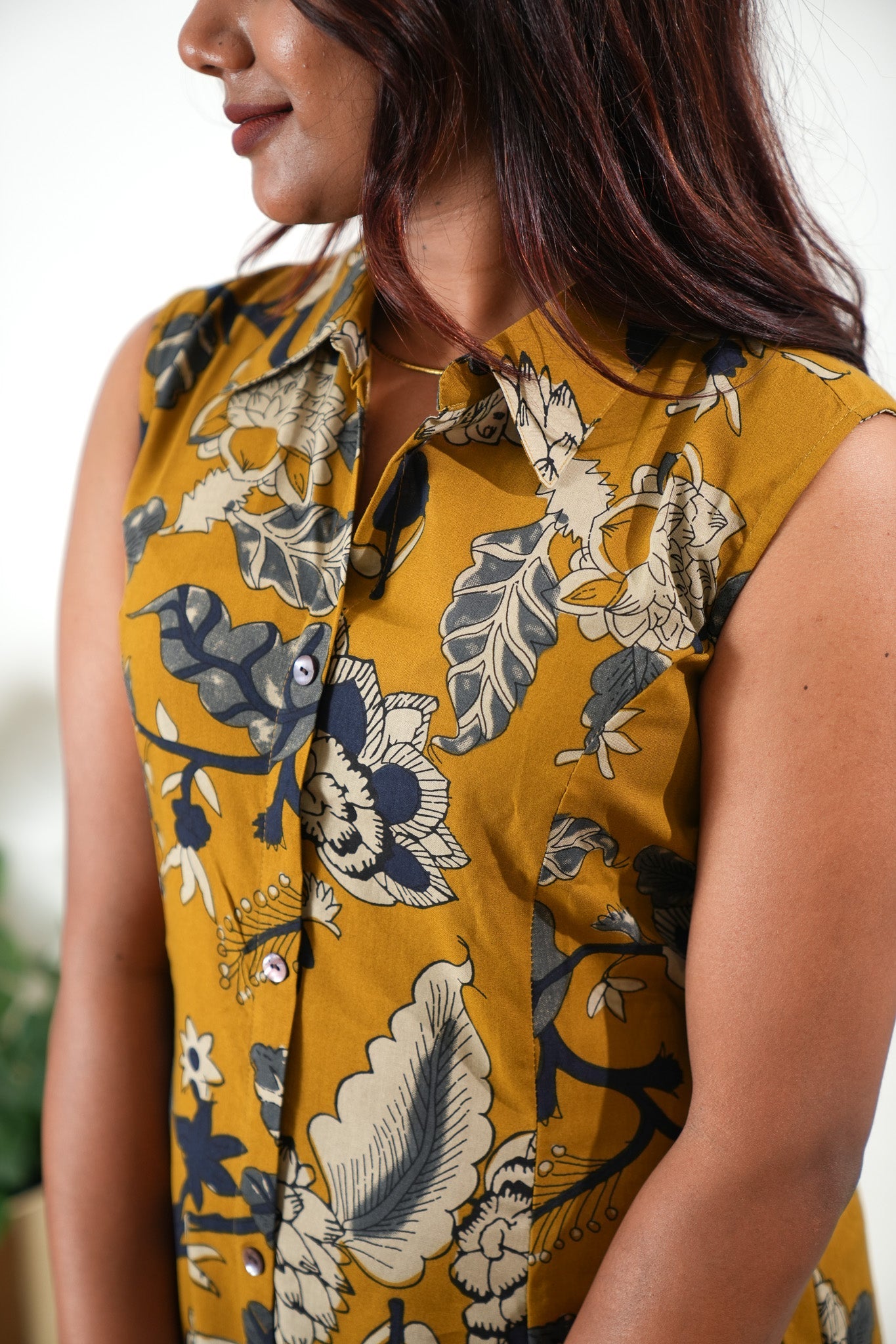 Turmeric cotton shirt dress(attached sleeves)