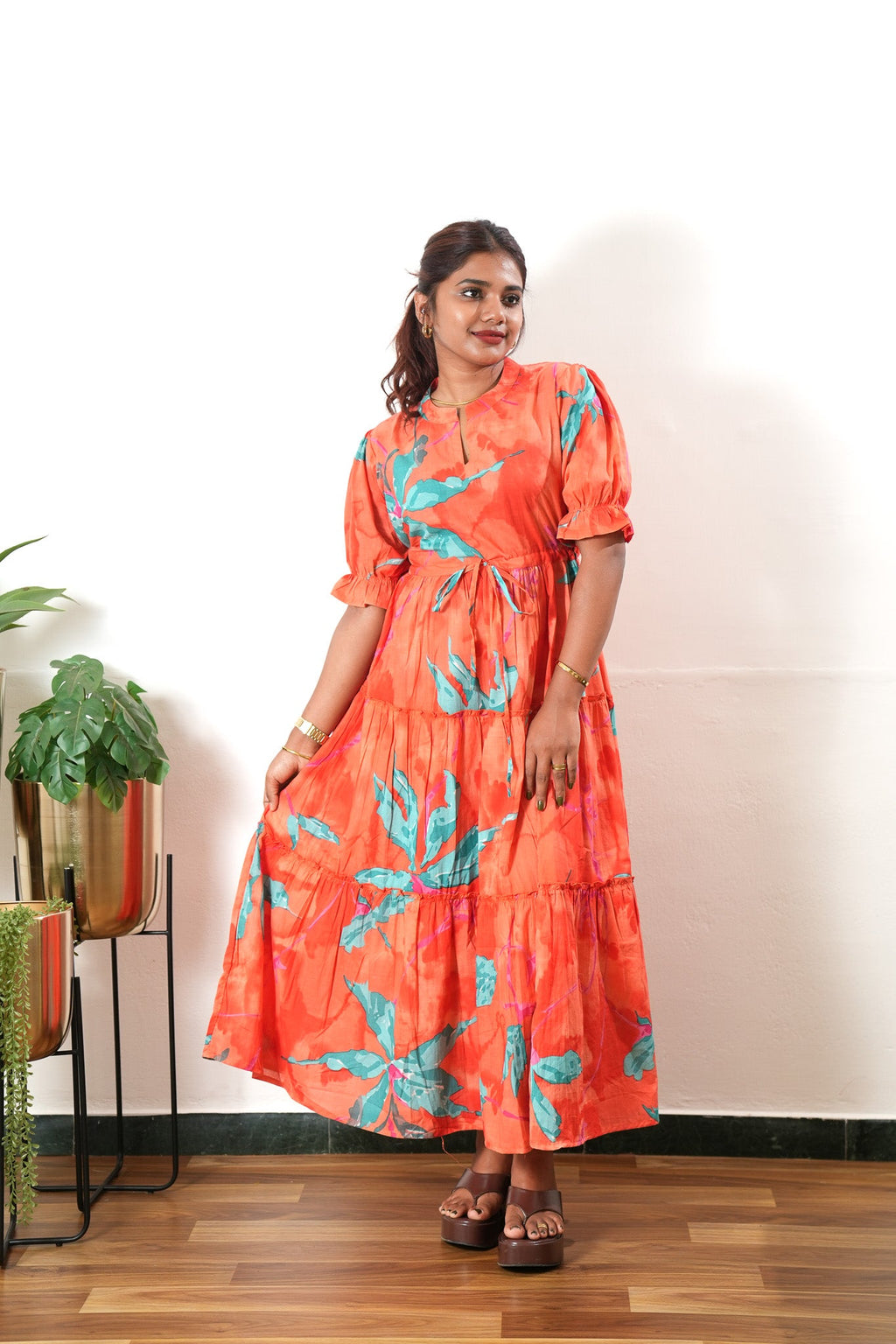 Tangerine cotton midi dress