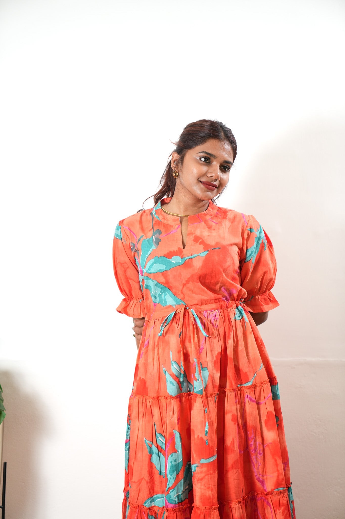 Tangerine cotton midi dress