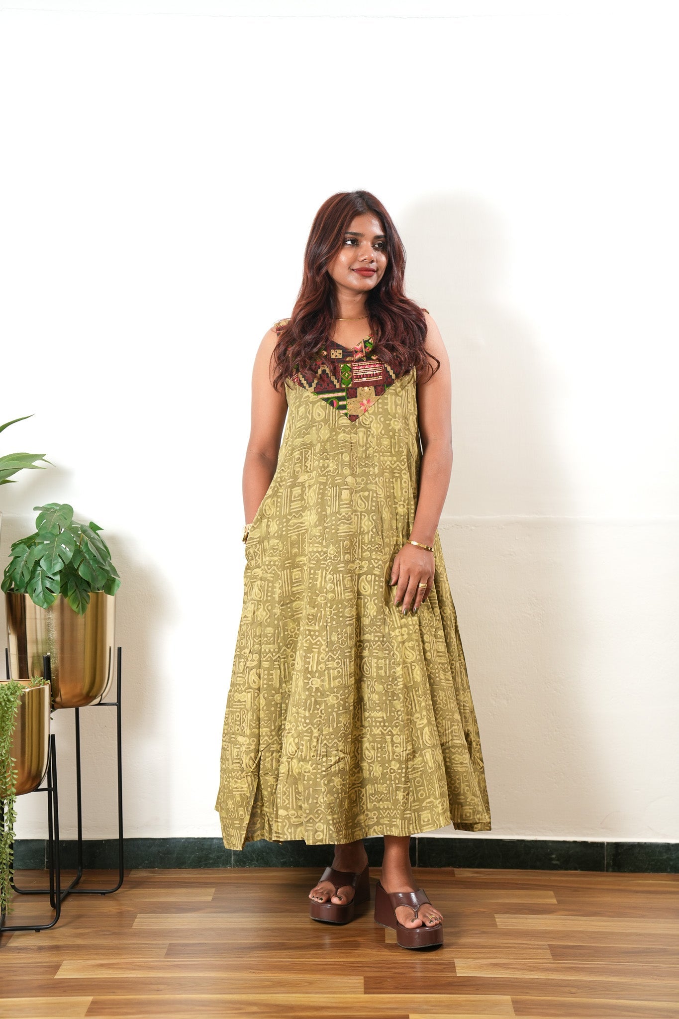 Khaki mul cotton midi dress