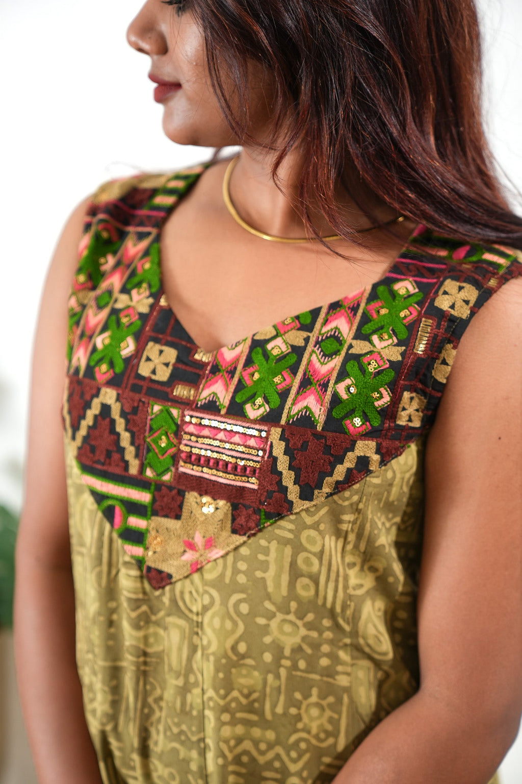 Khaki mul cotton midi dress