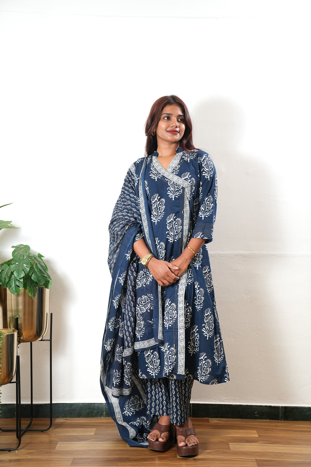 Navy floral angrakha cotton suit set