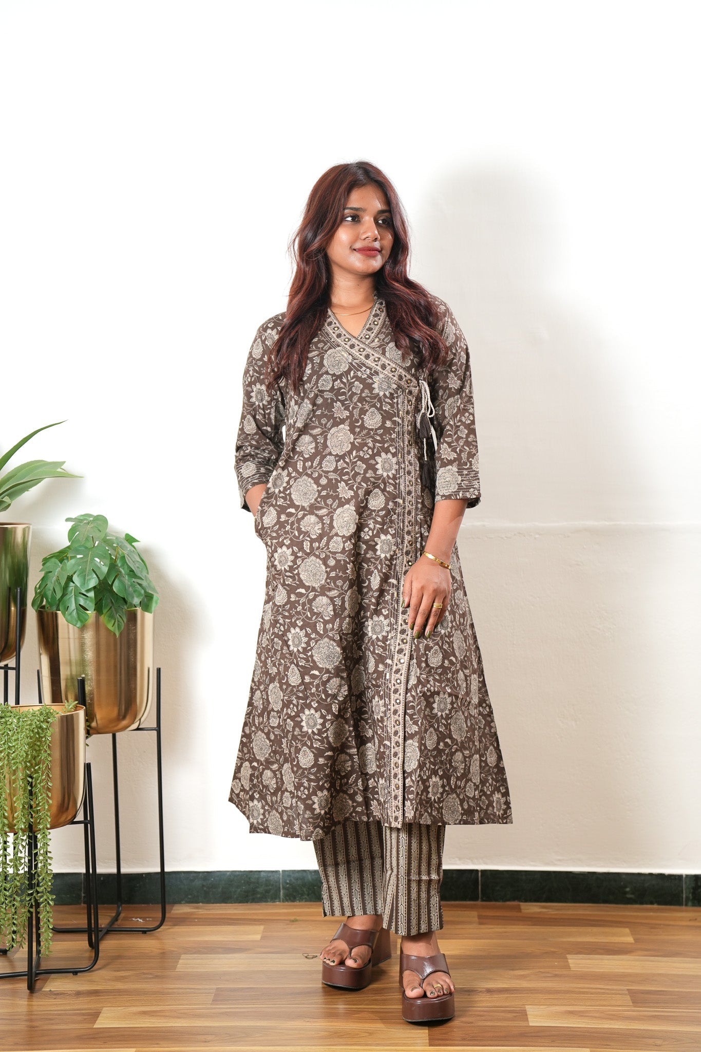 Khaki angrakha cotton co-ords set