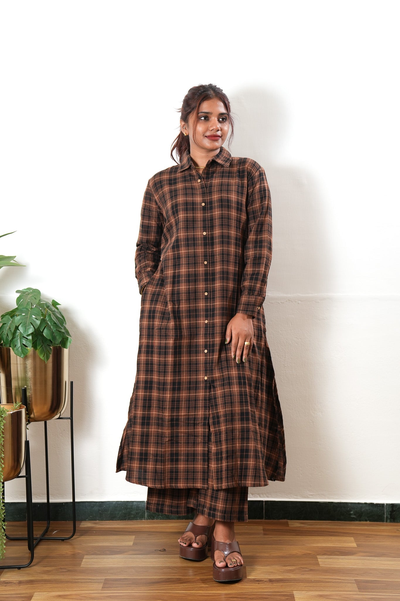 Brown checked linen co-ords set