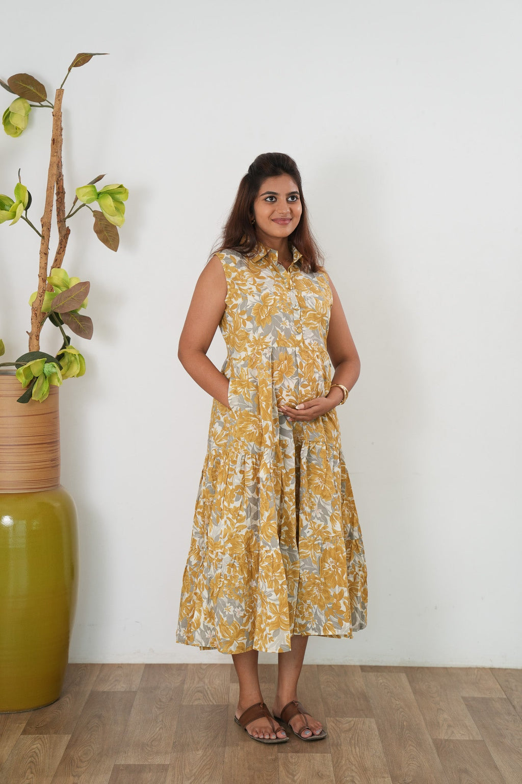 Grey and mustard button down cotton shirt dress(attached sleeves)