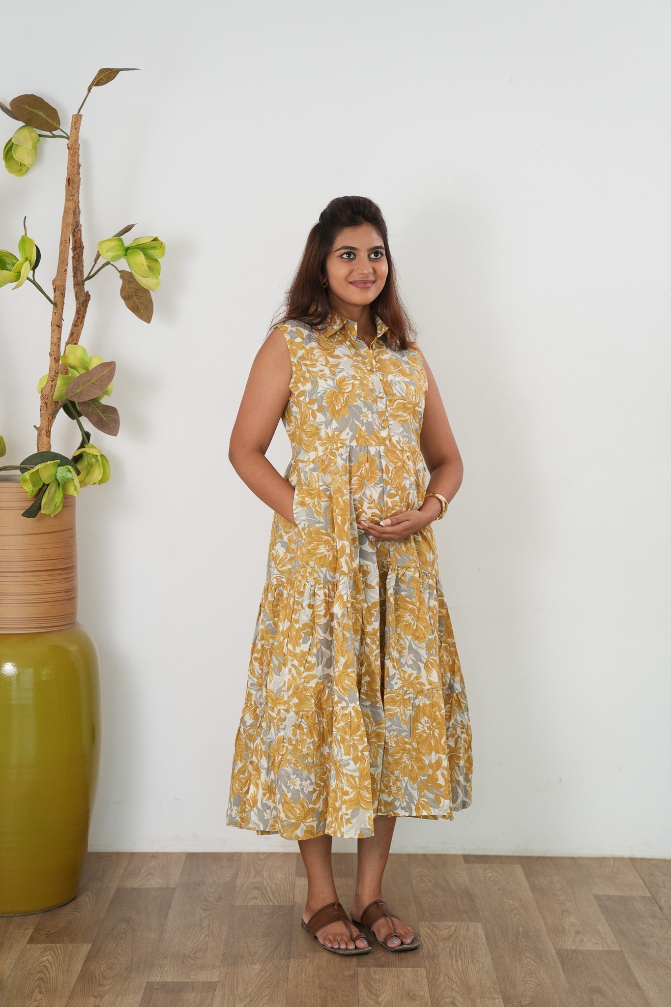 Grey and mustard button down cotton shirt dress(attached sleeves)