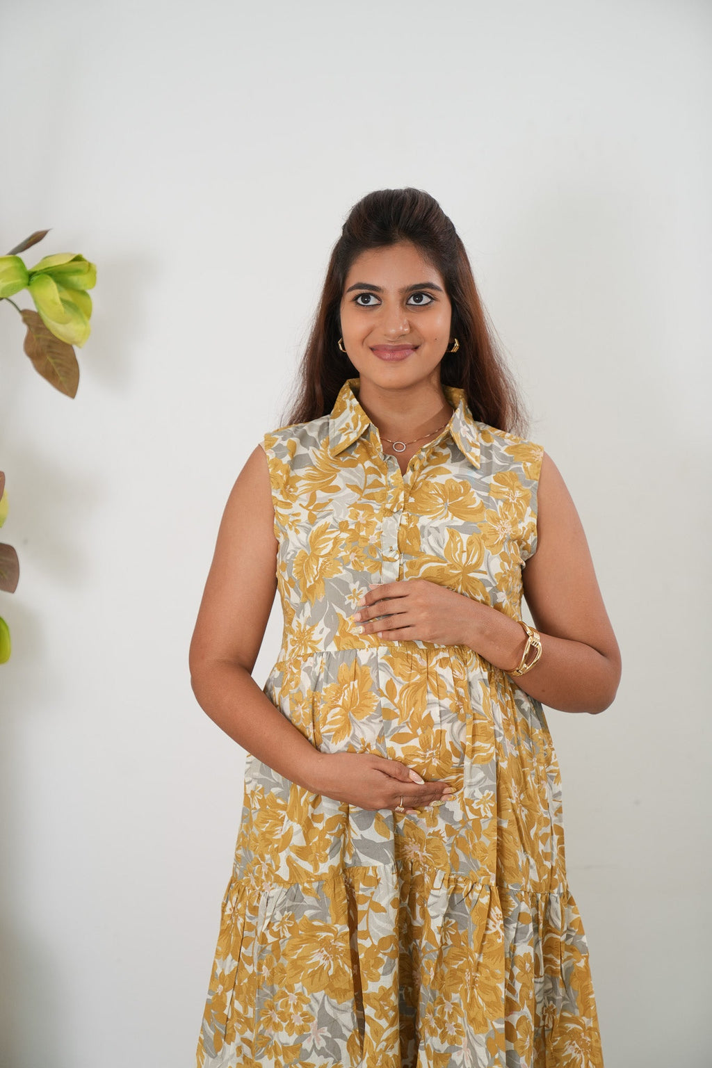 Grey and mustard button down cotton shirt dress(attached sleeves)