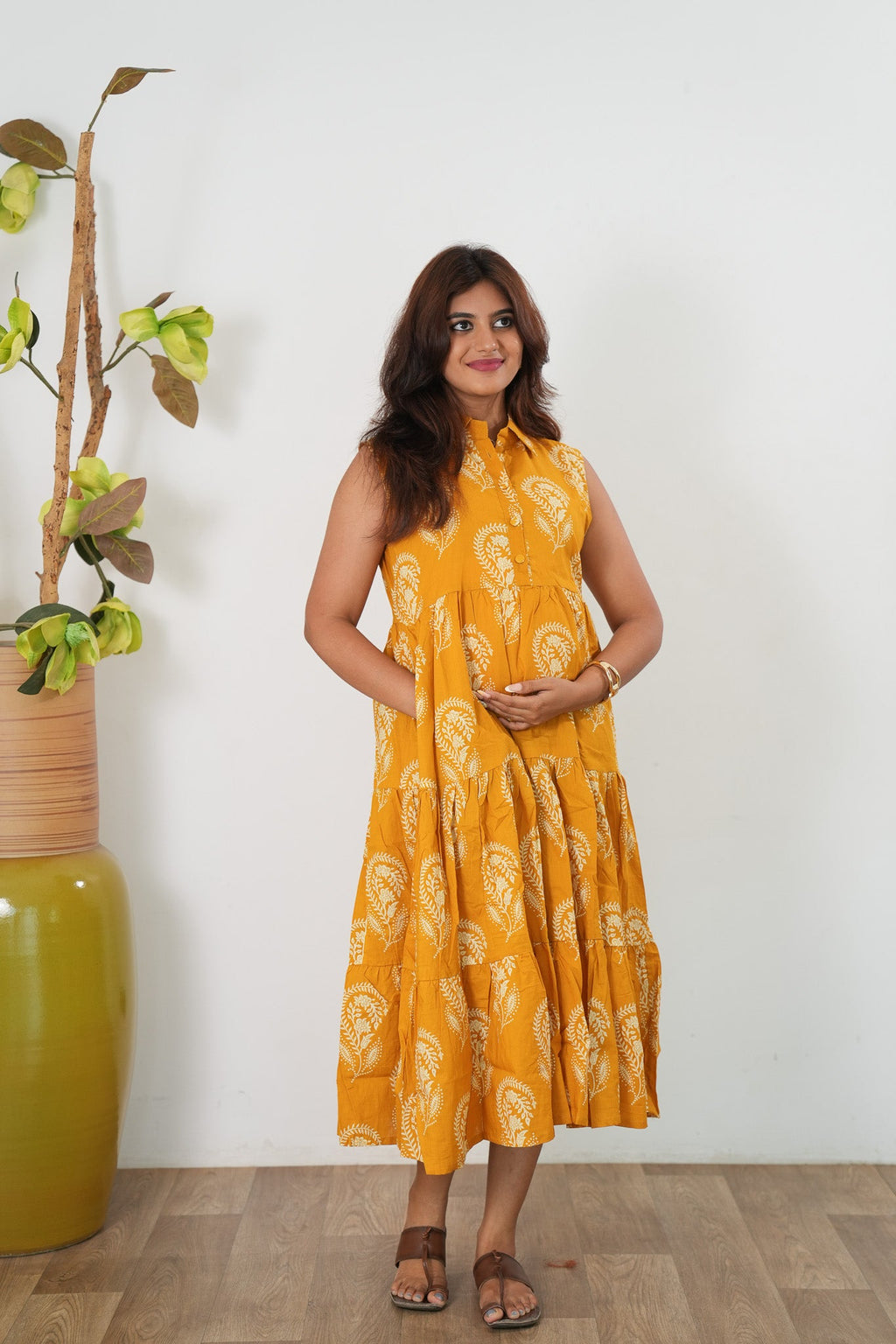 Butterscotch button down cotton shirt dress(attached sleeves)