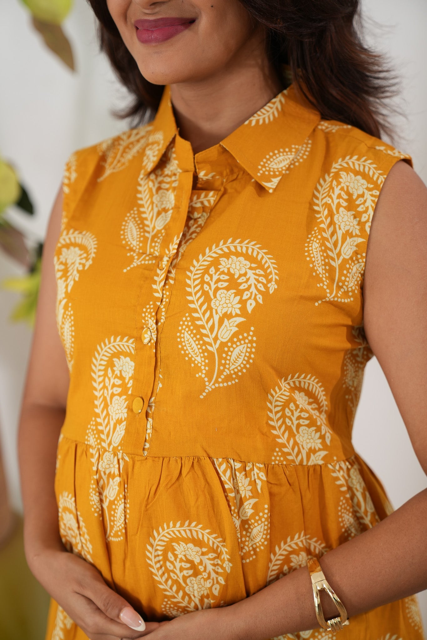 Butterscotch button down cotton shirt dress(attached sleeves)