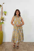 Mustard paisley button down cotton shirt dress(attached sleeves)