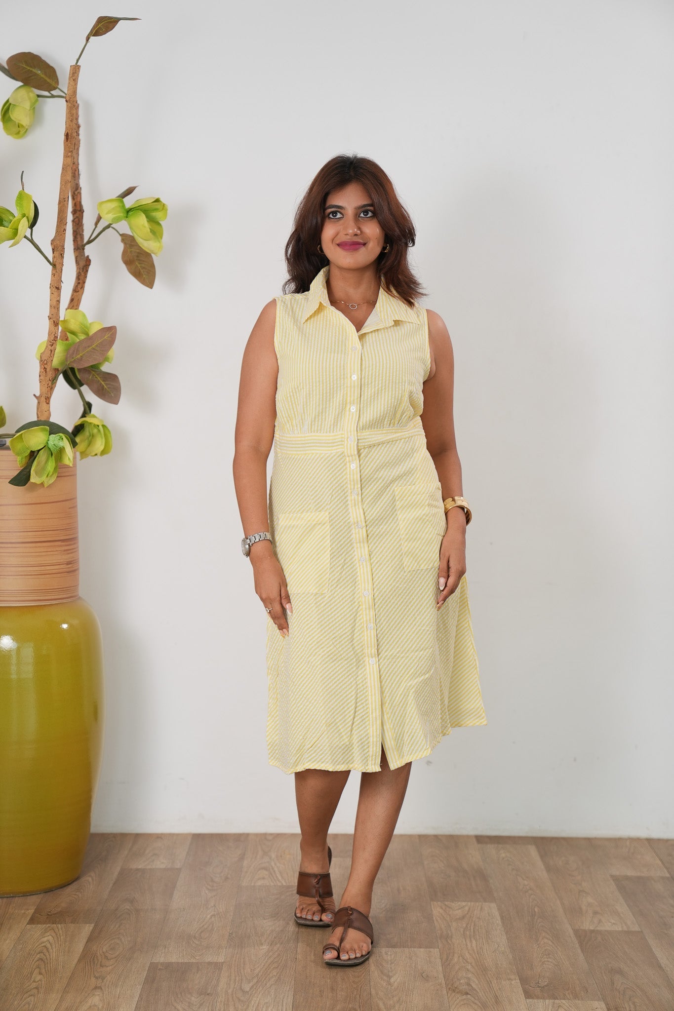 Butter yellow stripes linen button down shirt dress(attached sleeves)