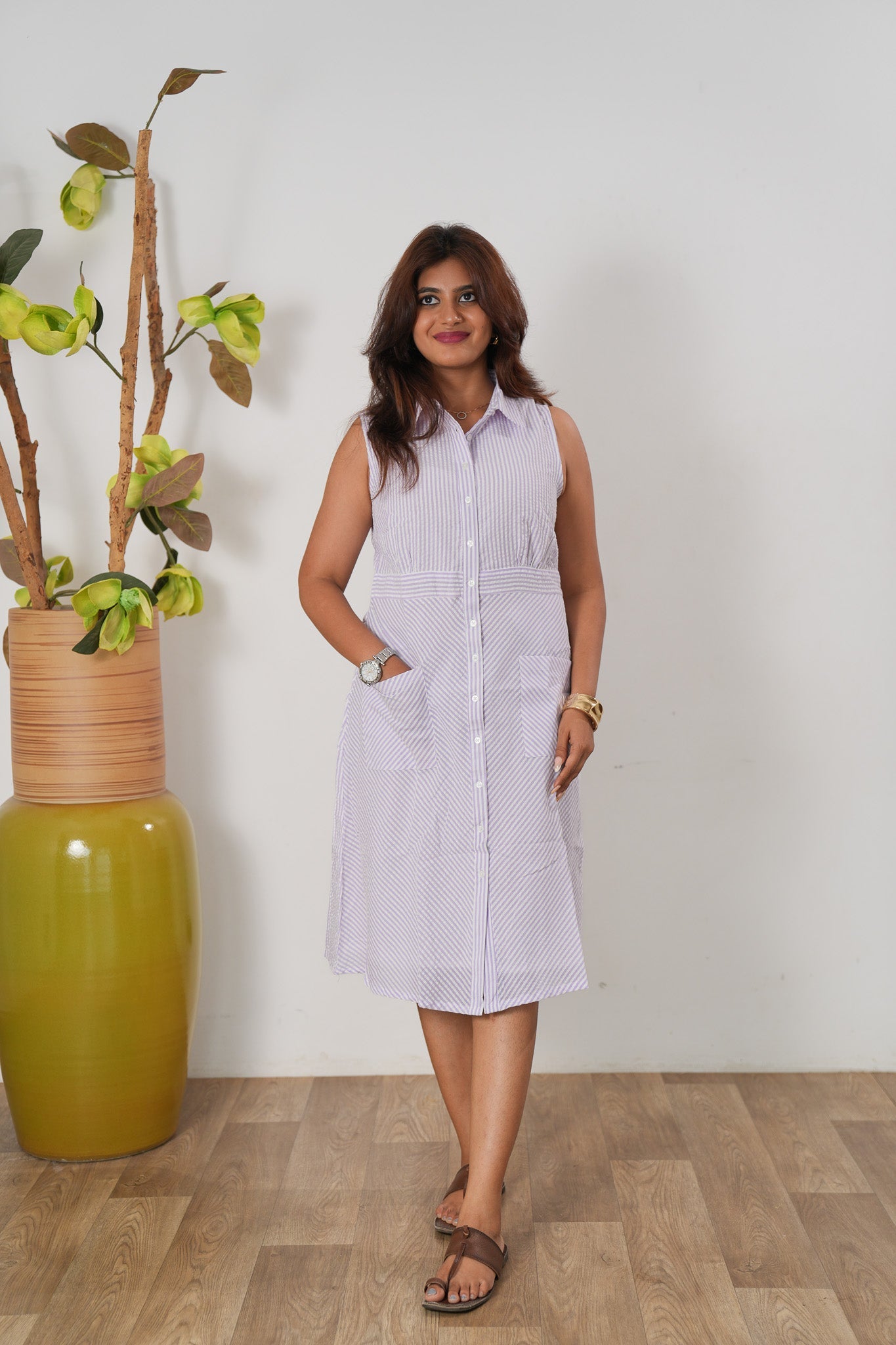 Lavender stripes linen button down shirt dress(attached sleeves)