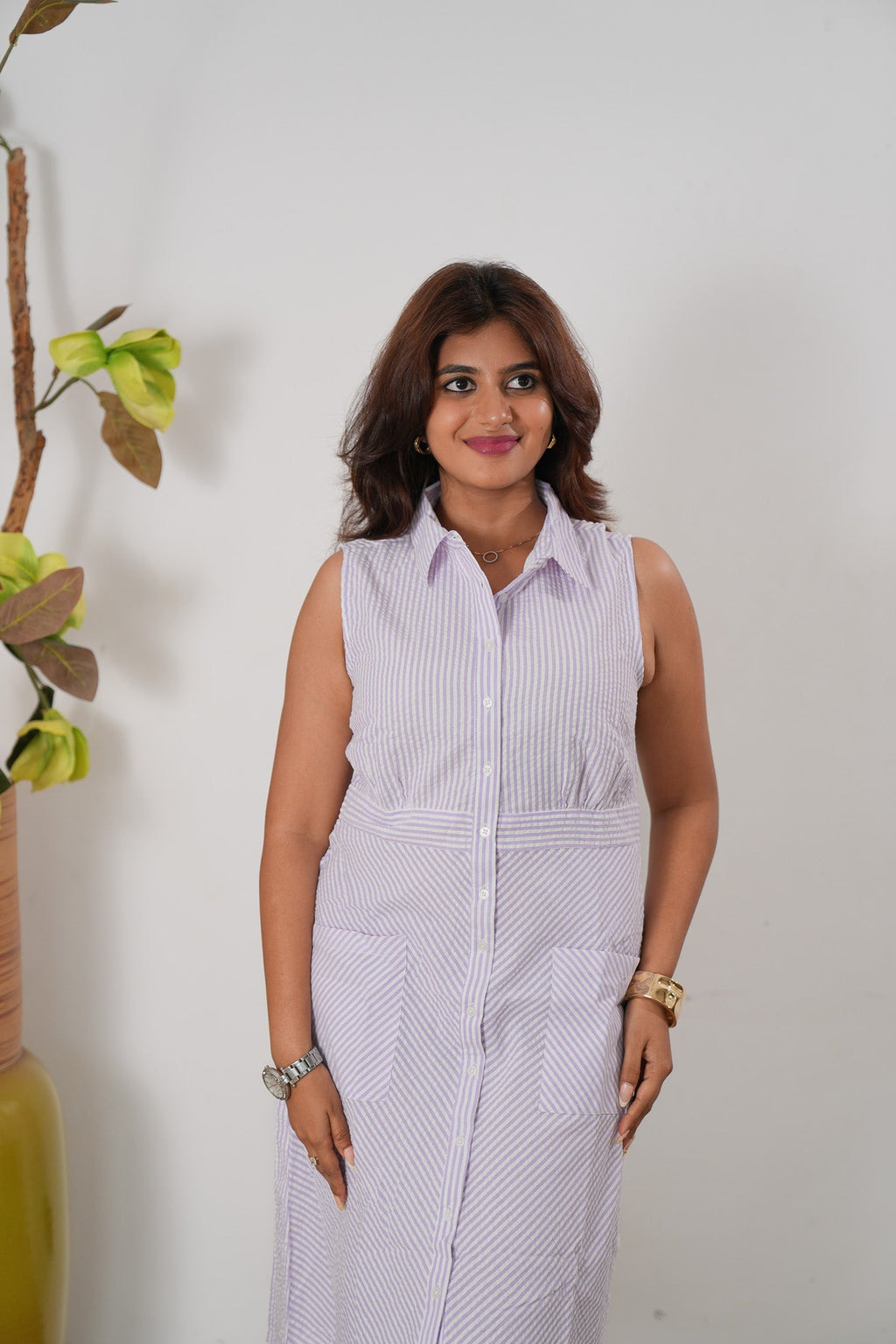 Lavender stripes linen button down shirt dress(attached sleeves)
