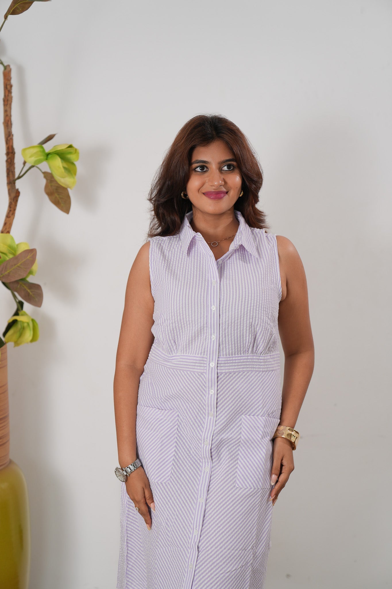Lavender stripes linen button down shirt dress(attached sleeves)
