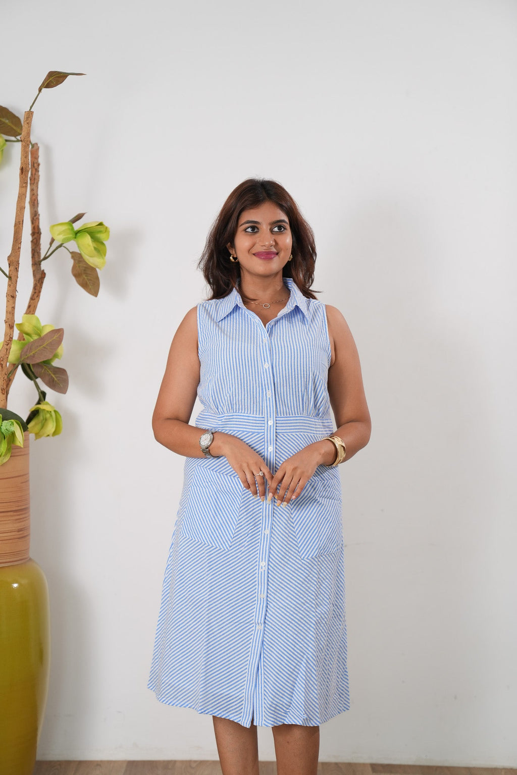 Blue stripes linen button down shirt dress(attached sleeves)