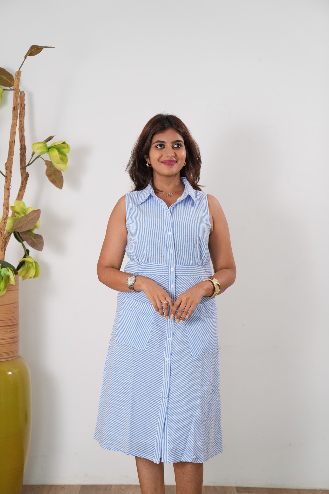 Blue stripes linen button down shirt dress(attached sleeves)