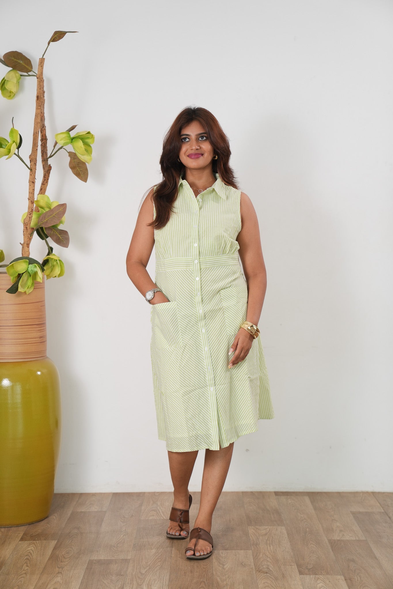Green stripes linen button down shirt dress(attached sleeves)