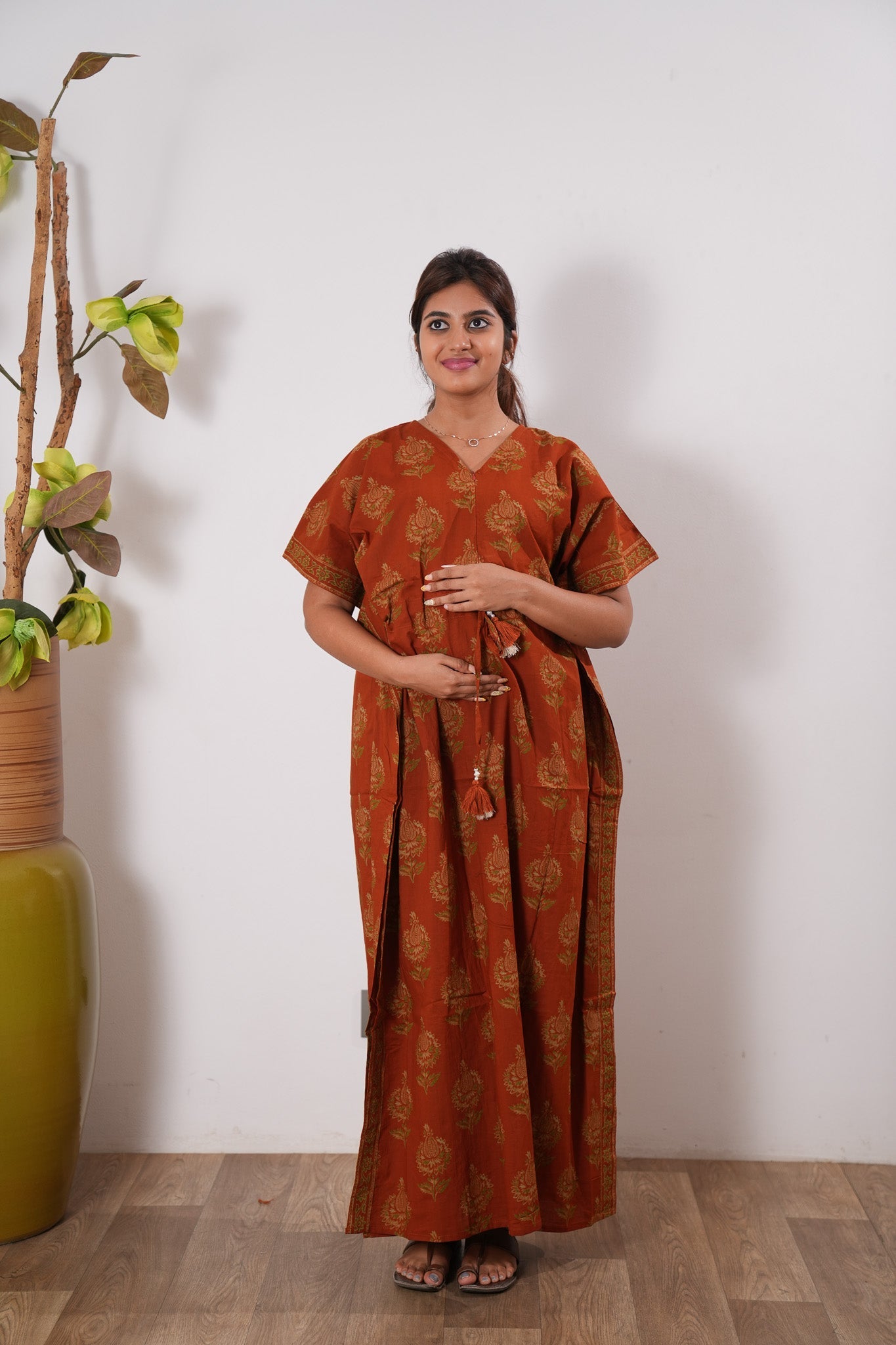 Deep orange cotton maternity nursing kaftan