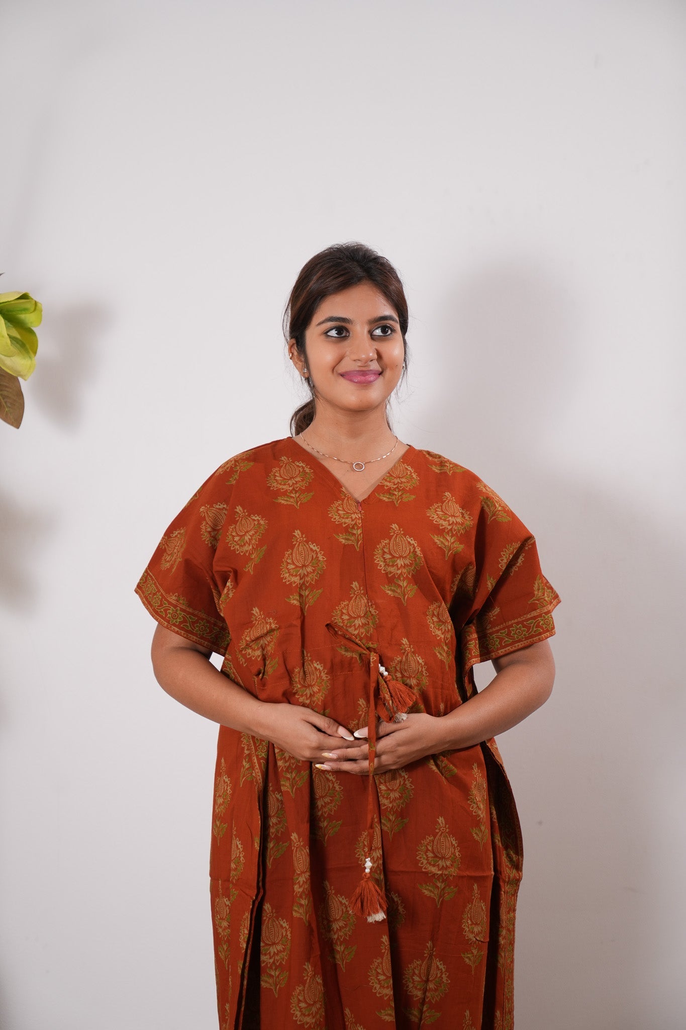 Deep orange cotton maternity nursing kaftan