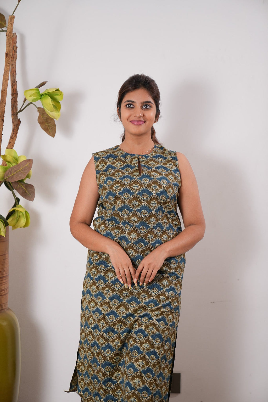 Indigo and brown cotton co-ords set(attached sleeves)