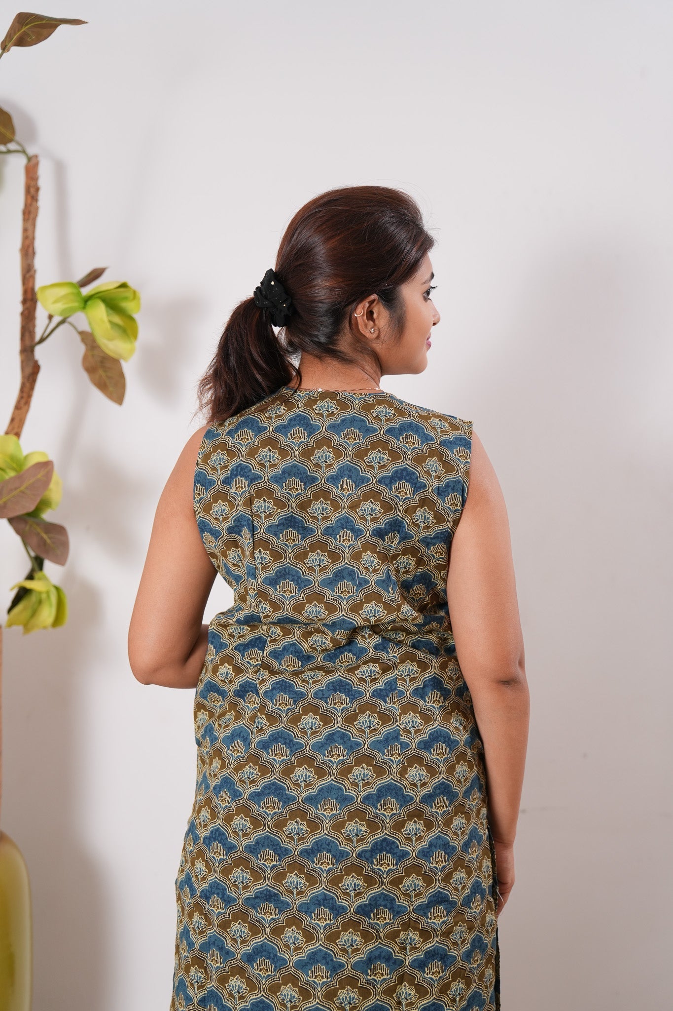 Indigo and brown cotton co-ords set(attached sleeves)