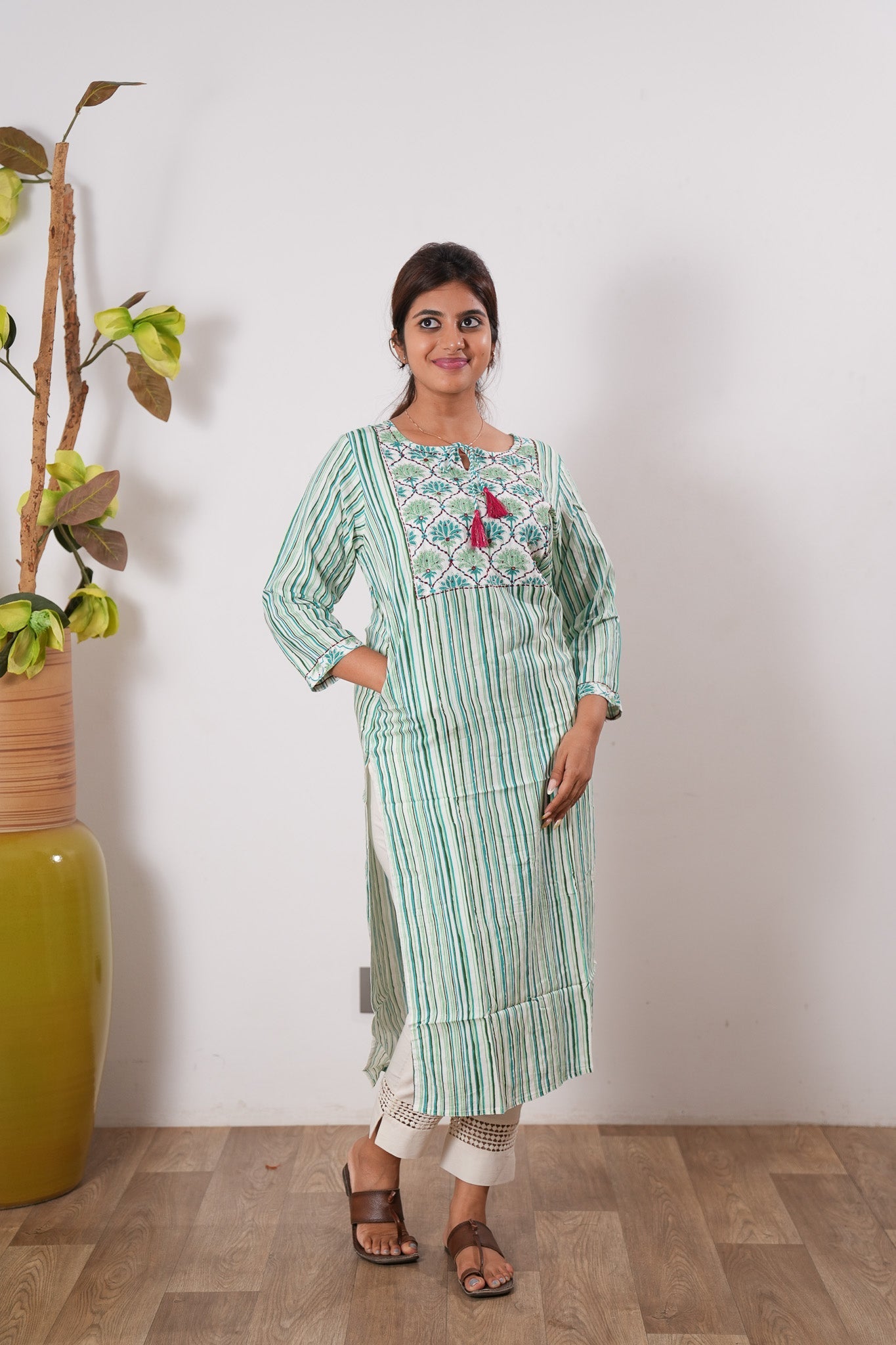 Green stripes cotton kurti