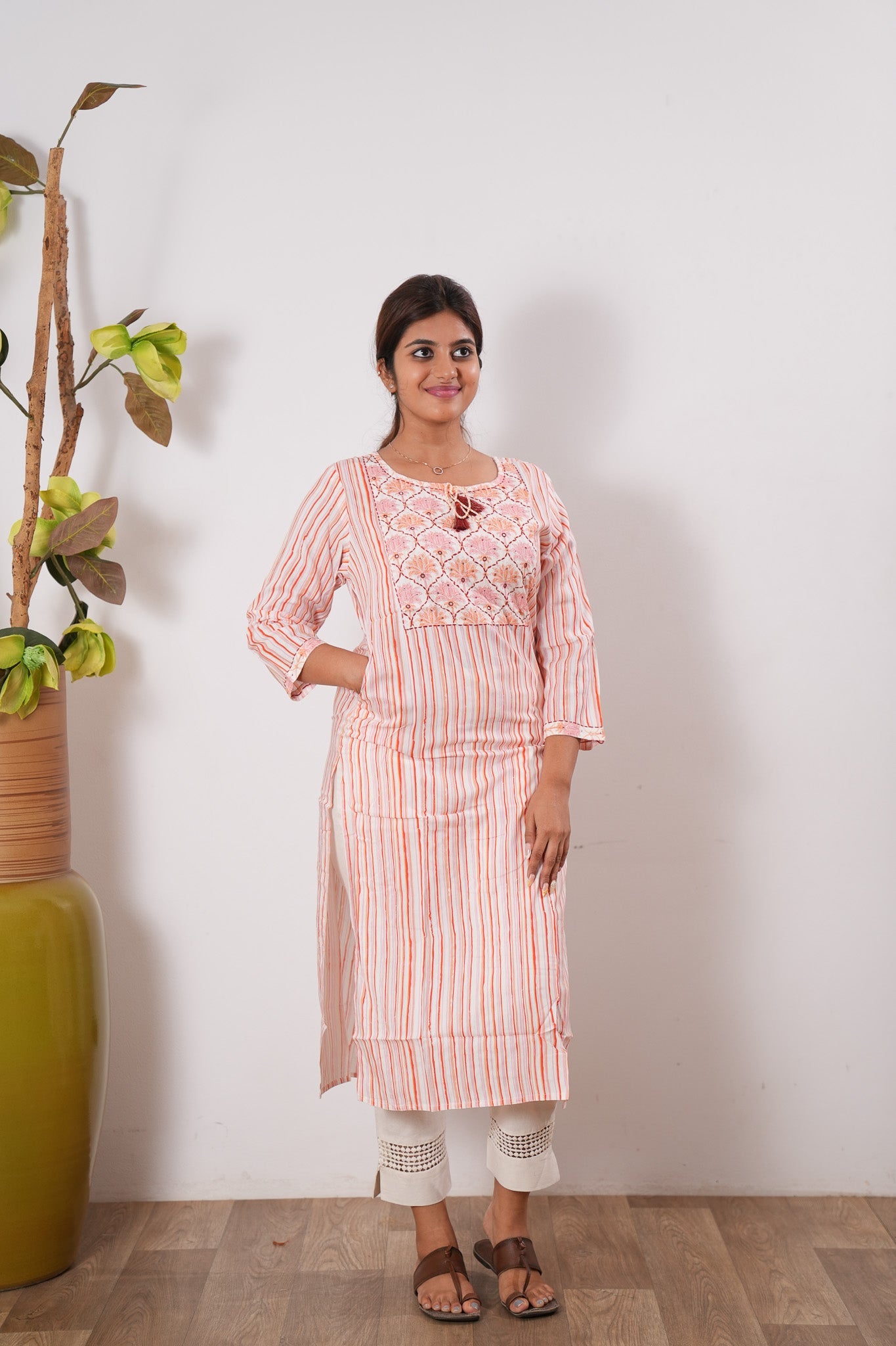 Peach stripes cotton kurti