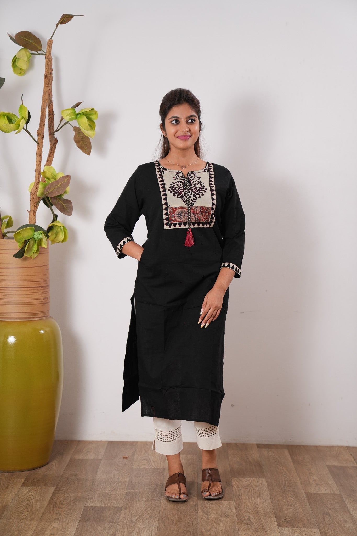 Black round neck cotton kurti