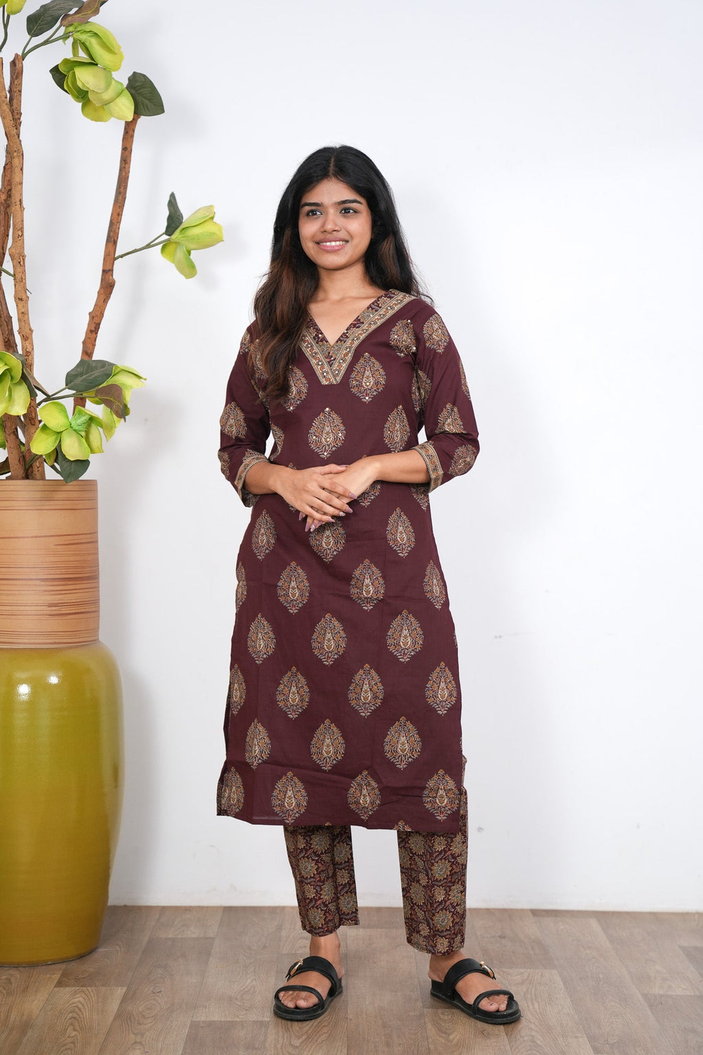 Brick brown v neck cotton co-ords