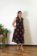 Ira cotton v neck gathered dress-Black elephant(attached sleeves)