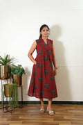 Ira cotton v neck gathered dress-Red elephant(attached sleeves)