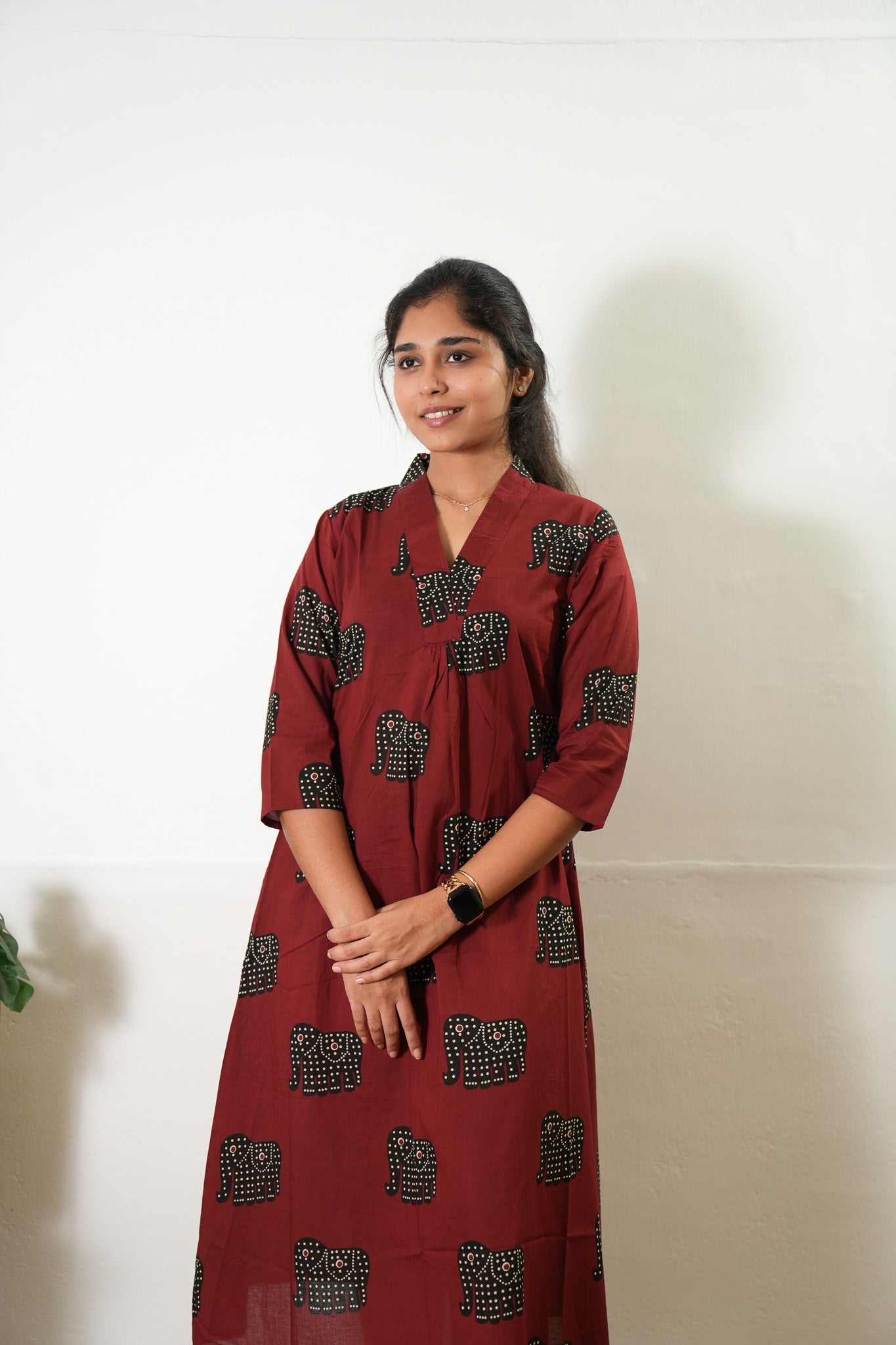 Ira cotton v neck gathered dress- Red elephant