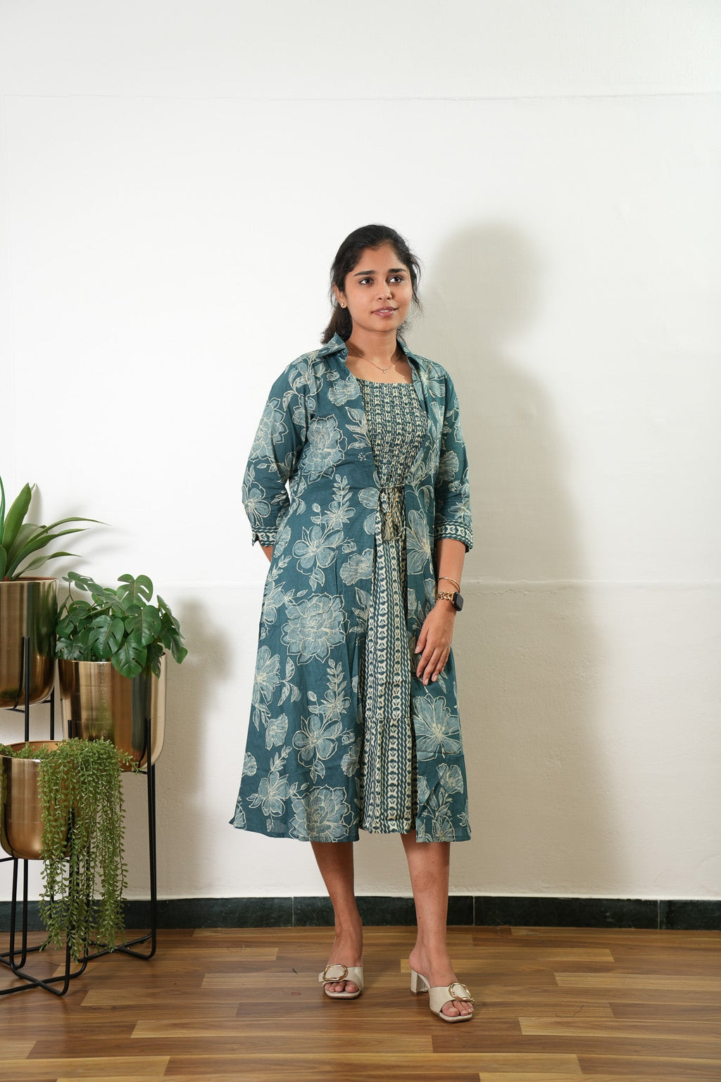 Peacock blue overcoat cotton midi dress