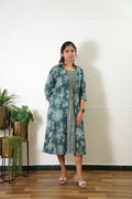Peacock blue overcoat cotton midi dress