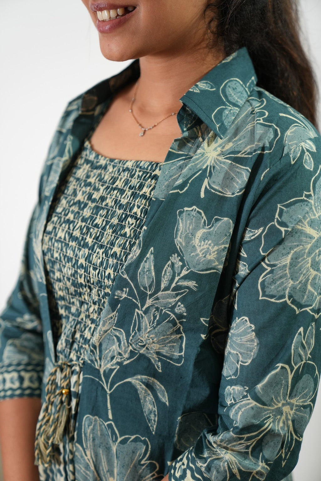 Peacock blue overcoat cotton midi dress
