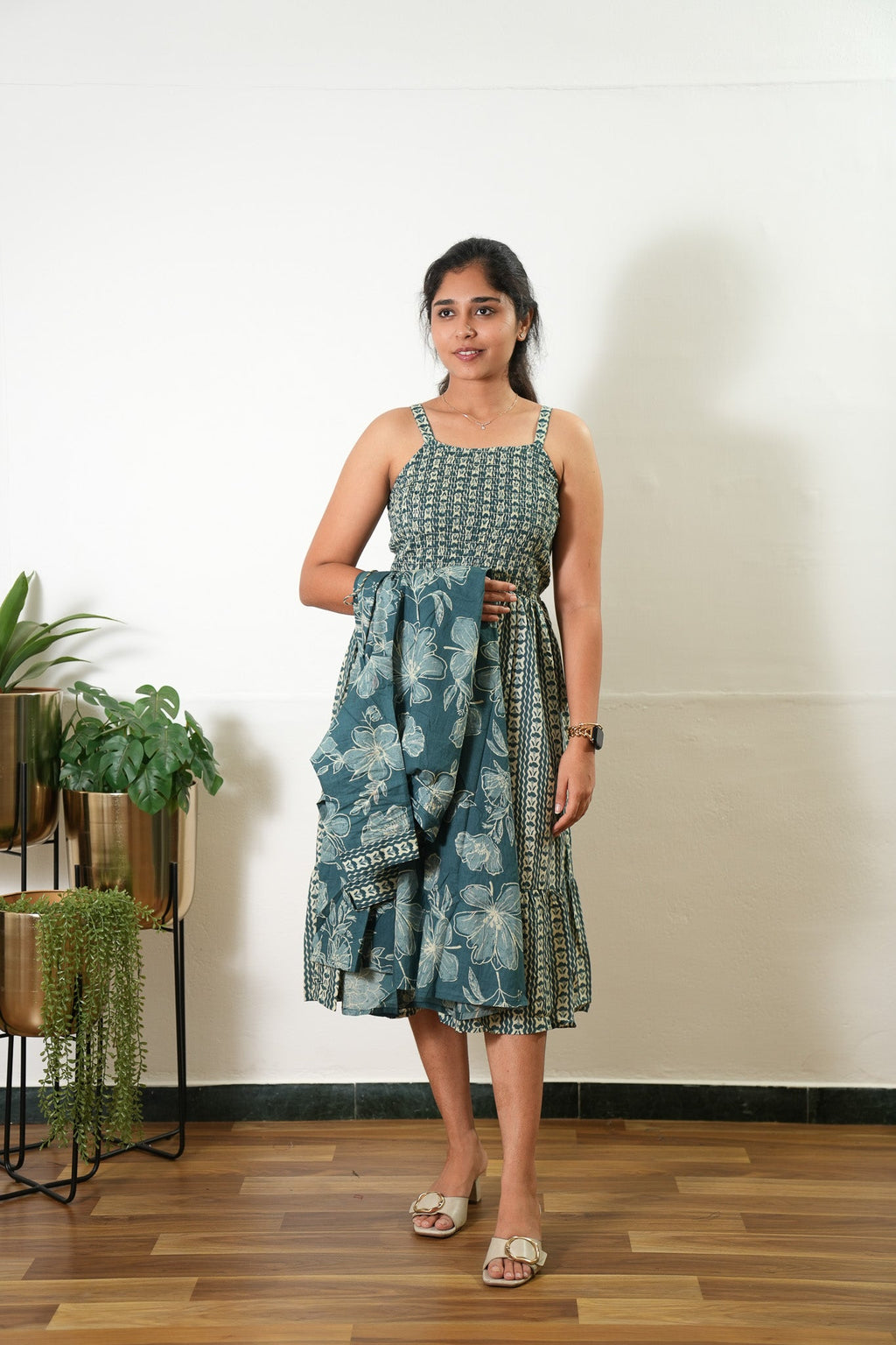 Peacock blue overcoat cotton midi dress
