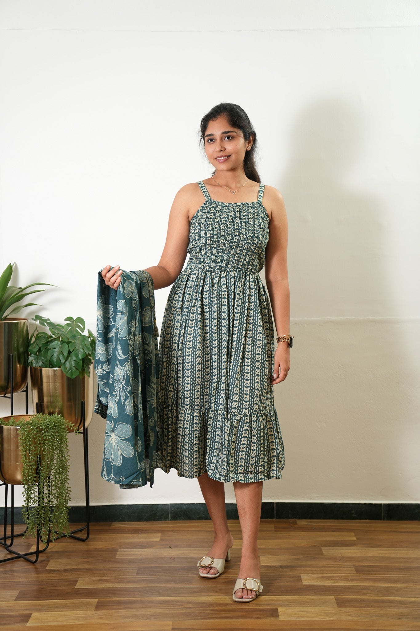Peacock blue overcoat cotton midi dress