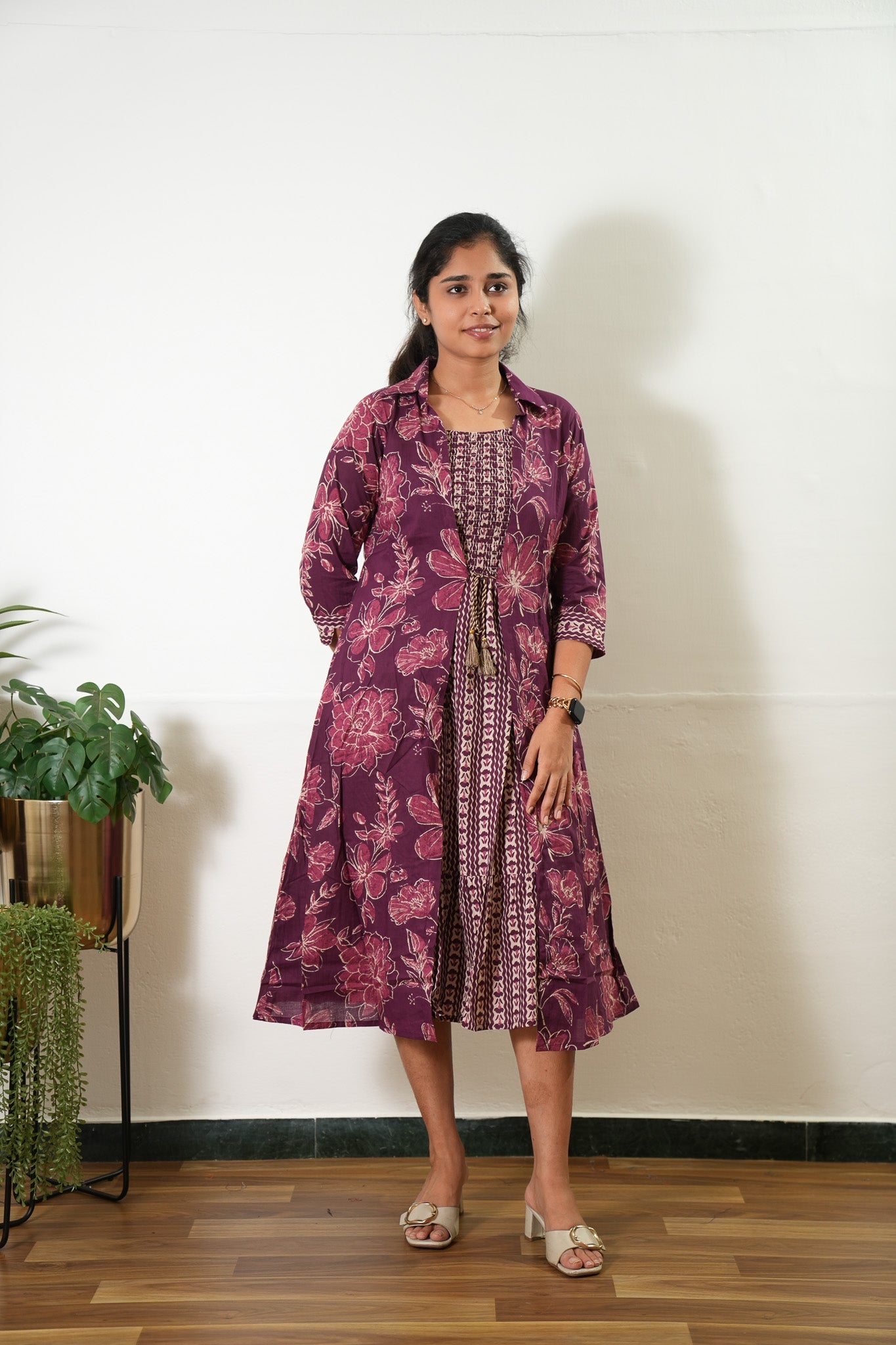 Wine overcoat cotton midi dress