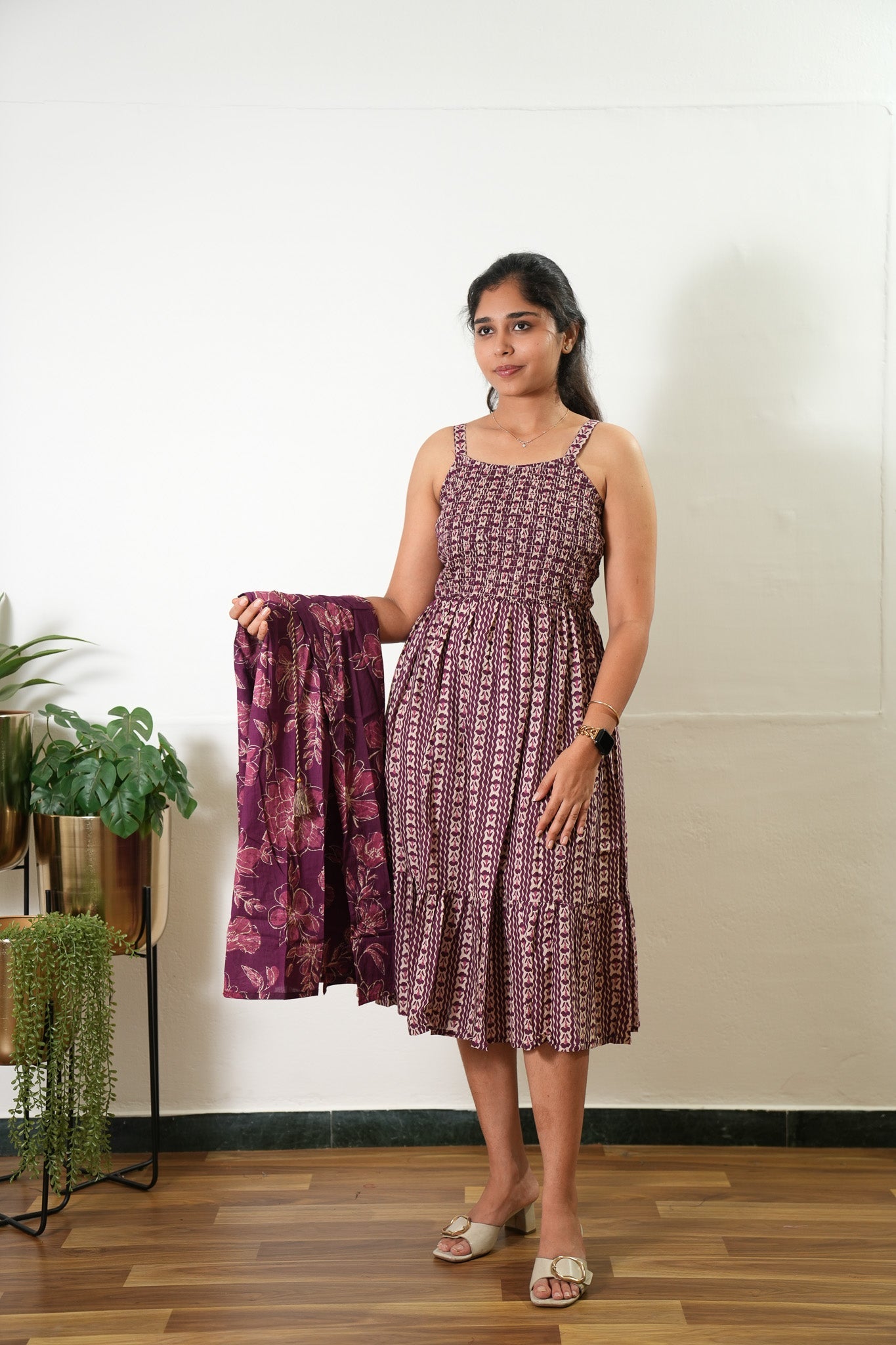 Wine overcoat cotton midi dress