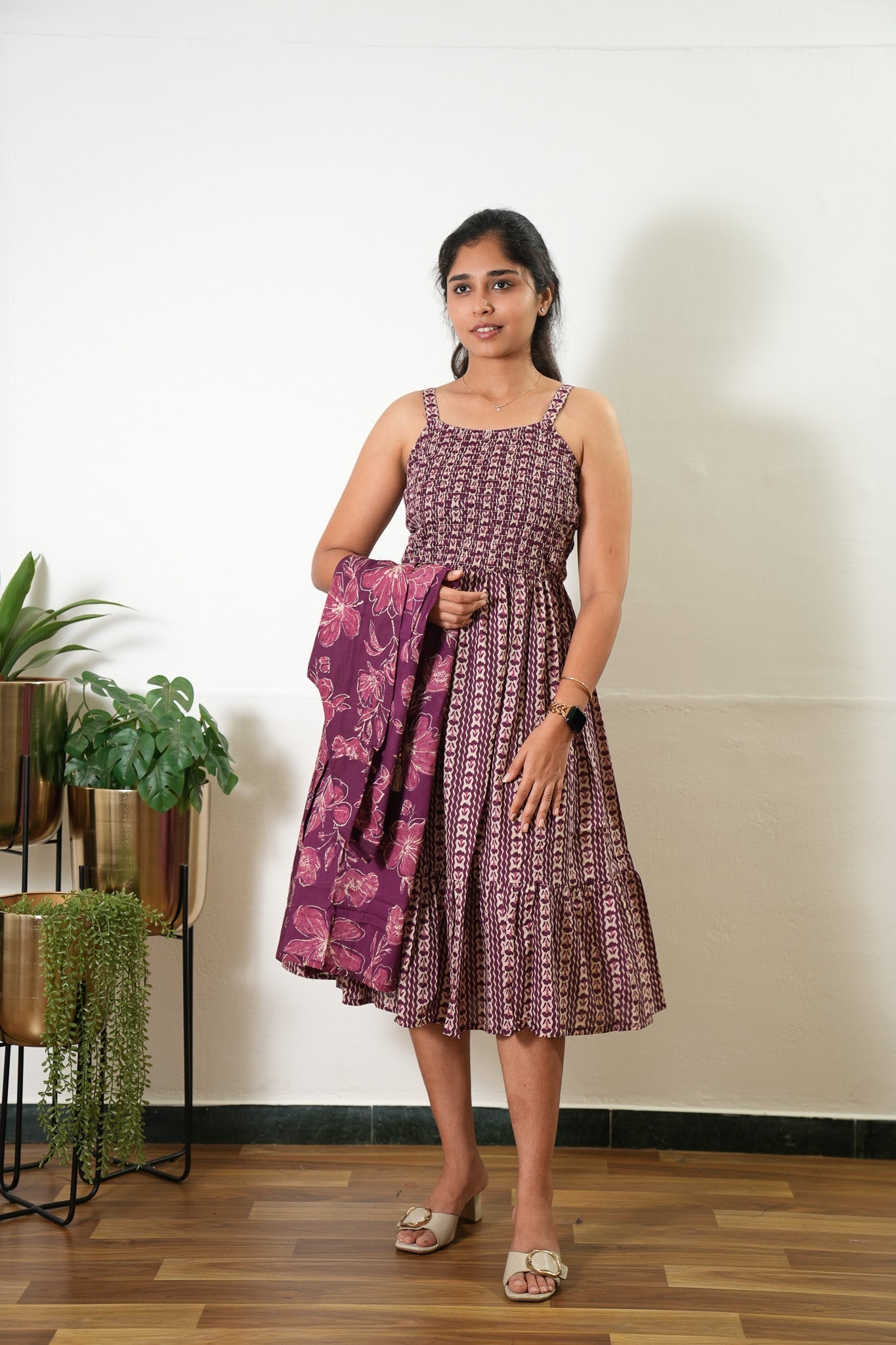 Wine overcoat cotton midi dress