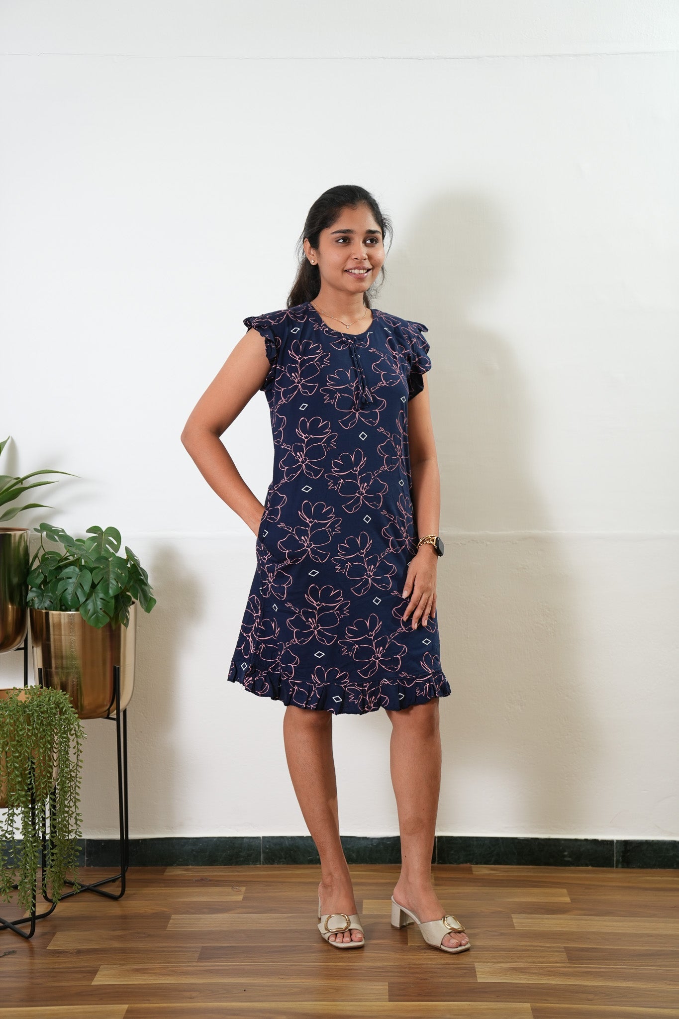 Navy floral knitted cotton nighty